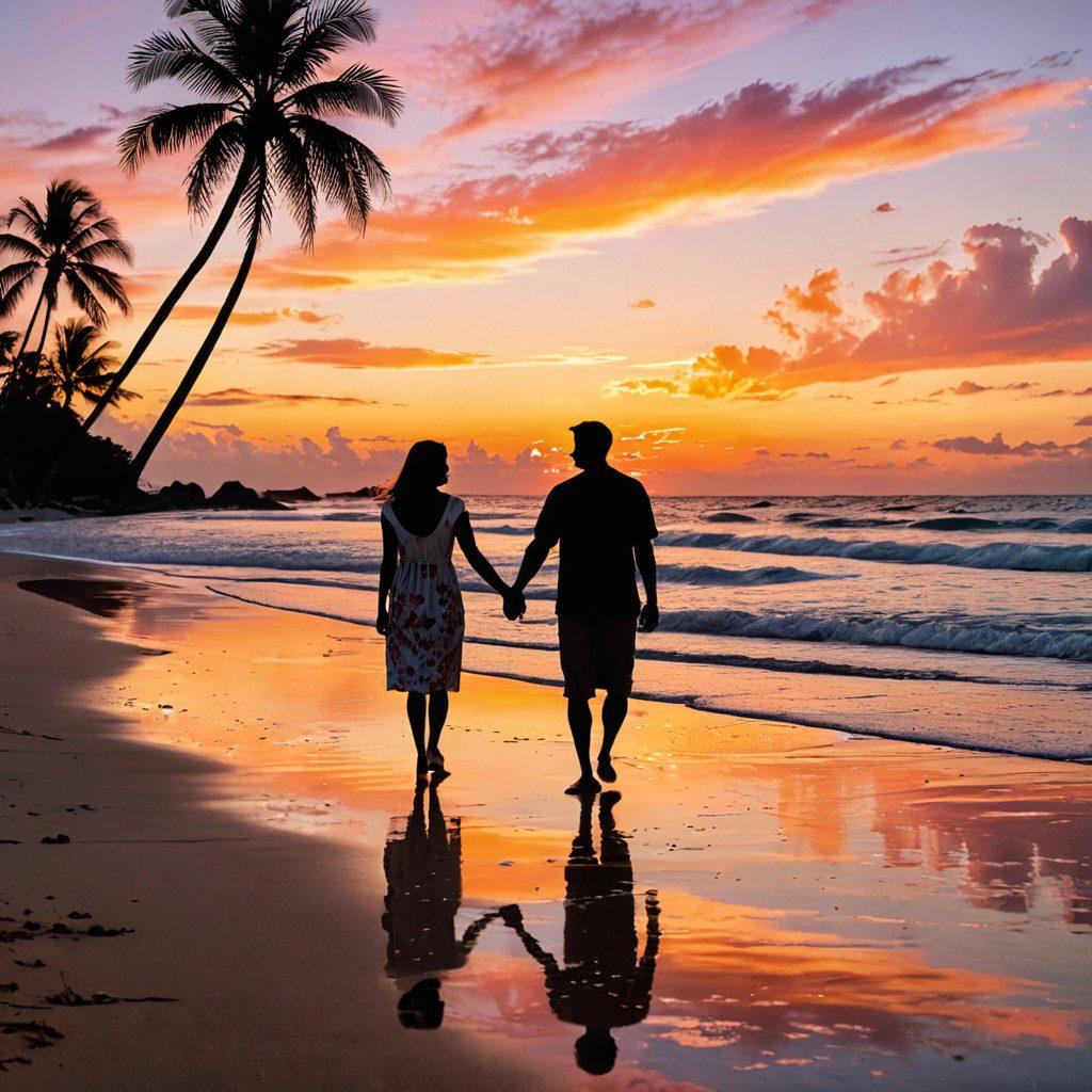 A serene coastal scene at sunset, featuring two silhouettes holding hands while walking along a sandy beach. Gentle waves lap at their feet, and palm trees sway in the soft breeze. Scattered seashells and a vibrant sunset reflect the warmth of emotional connection. Include soft, dreamy clouds for a romantic touch. pastel colors. super-realistic.