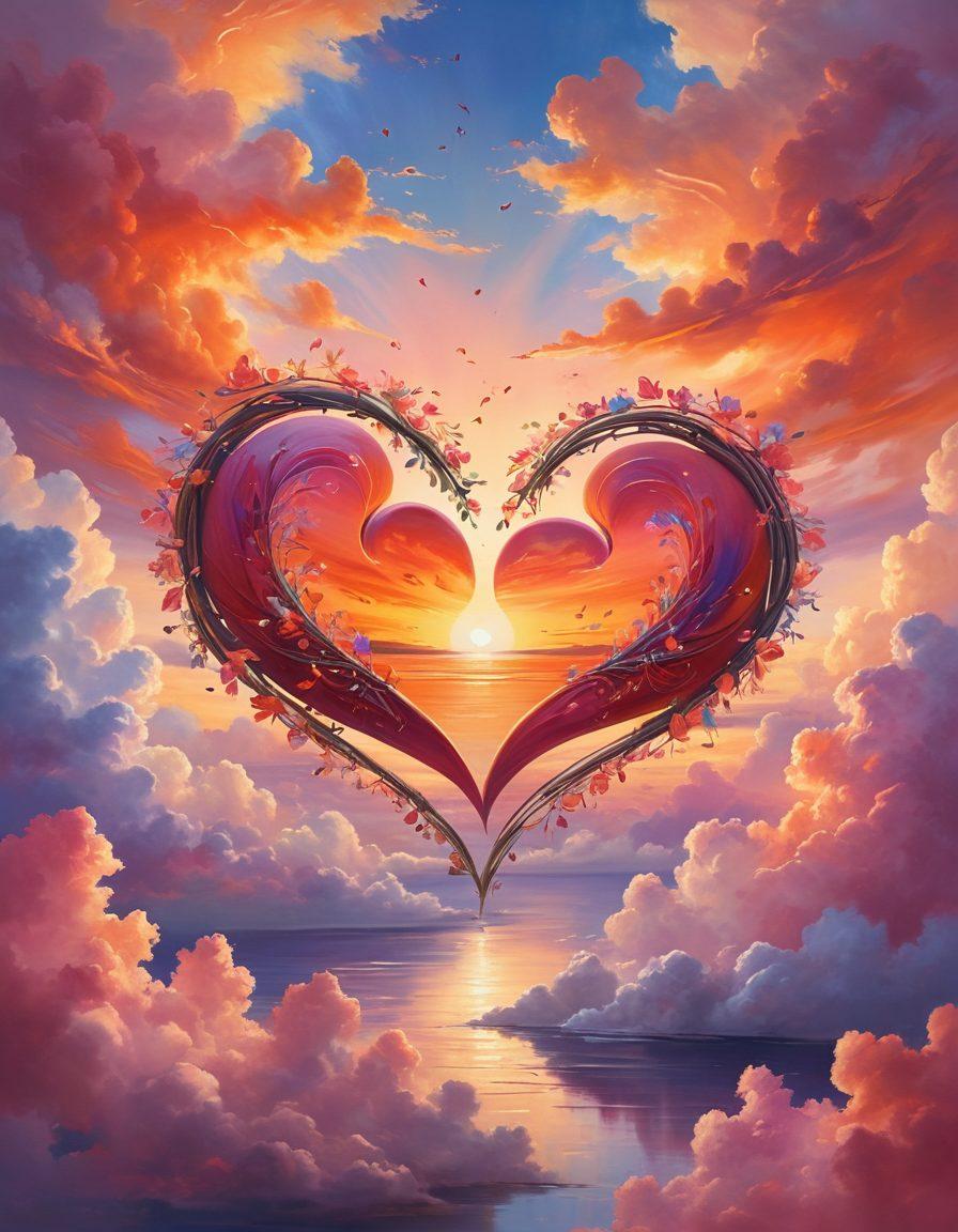 A surreal scene of two vibrant hearts intertwined, with shimmering trails of light representing passionate movements, surrounded by soft clouds of emotion in various warm colors. Floating petals and musical notes symbolize love and romance, blending into swirling patterns that evoke a feeling of movement. The background is a dreamy sunset with pastel hues, setting a magical atmosphere. painting. vibrant colors. soft focus.