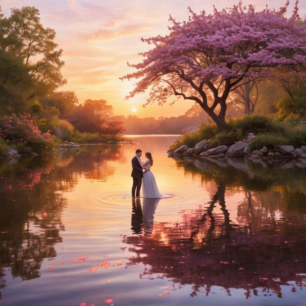 A couple gracefully gliding along a serene lakeside at sunset, their hands intertwined, embodying the elegance of love. Soft ripples on the water reflect the warm colors of the sky, while dappled light filters through the trees, creating a romantic atmosphere. Include elements like gentle swans in the background and delicate cherry blossom petals floating in the air. super-realistic. vibrant colors. soft focus.